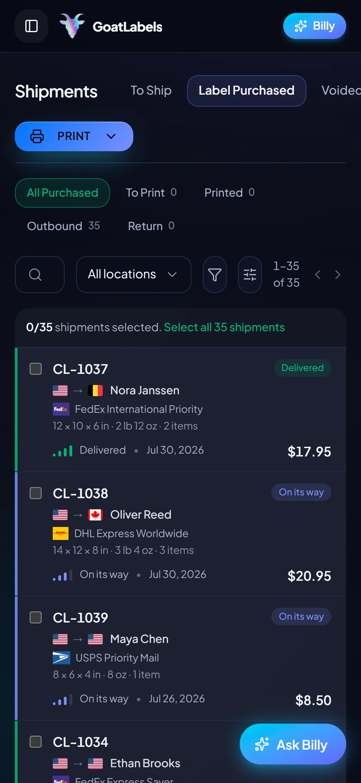 GoatLabels mobile shipments queue with all-in carrier prices